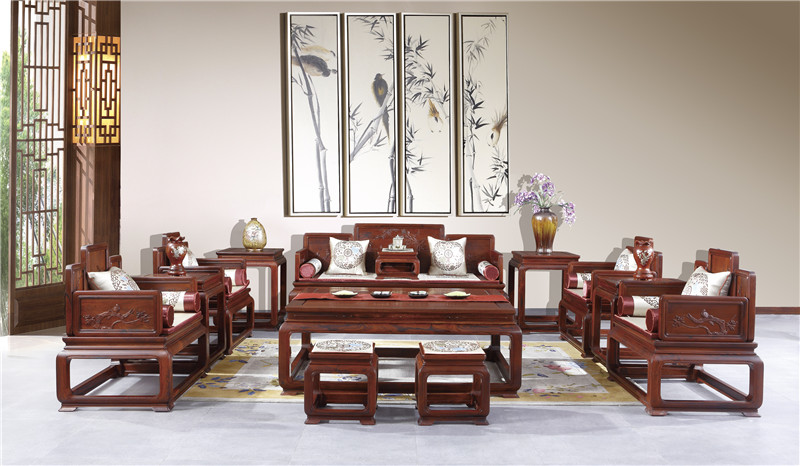 老周家居 上海老周红木 老挝大红酸枝沙发(学名交趾黄檀) 五屏花鸟沙发11件套 老周家居 上海老周红木 老挝大红酸枝沙发(学名交趾黄檀) 五屏花鸟沙发11件套